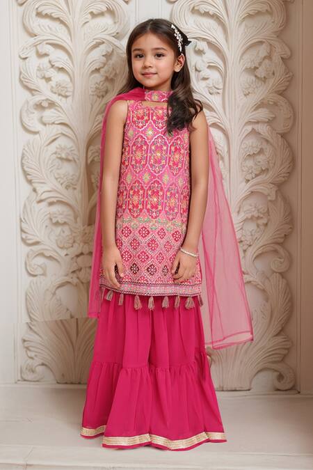 Petite Pomme Pink Cotton, Chiffon Tassels Thread Sequin Embroidered Kurta Set Online at Aza Fashions Petite Pomme_Pink Cotton, Chiffon Tassels Thread Sequin Embroidered Kurta Set_Online_at_Aza_Fashions