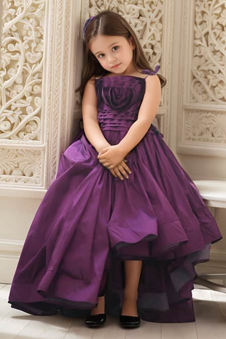 Shop_Petite Pomme_Wine Taffeta Fabric Flowers Applique High-low Gown_at_Aza_Fashions
