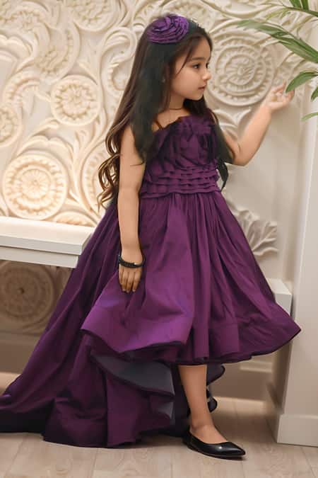 Petite Pomme_Wine Taffeta Fabric Flowers Applique High-low Gown_Online_at_Aza_Fashions