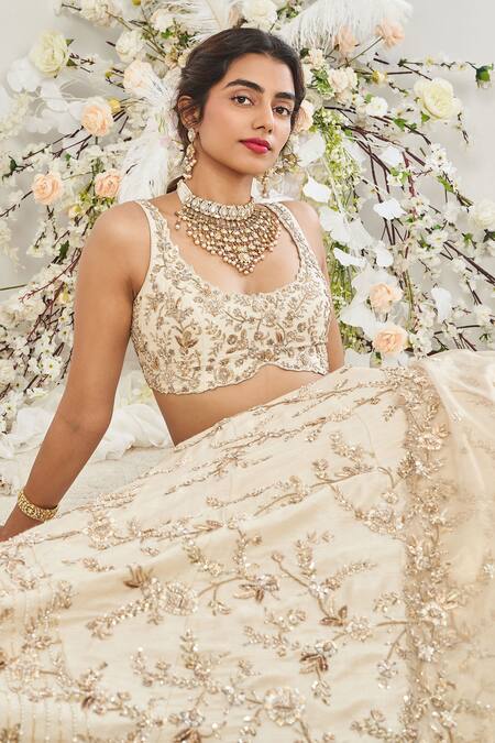 Disha Muchhala_Beige Silk, Linen, Organza Sequins, Zari, Embroidery Floral Bridal Lehenga Set _Online_at_Aza_Fashions