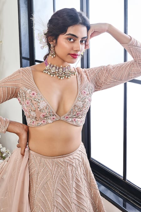 Disha Muchhala Beige Silk, Satin, Organza Cut Work, Embroidery V-neck Rusty Fleur Lehenga Set Online at Aza Fashions Disha Muchhala_Beige Silk, Satin, Organza Cut Work, Embroidery V-neck Rusty Fleur Lehenga Set _Online_at_Aza_Fashions