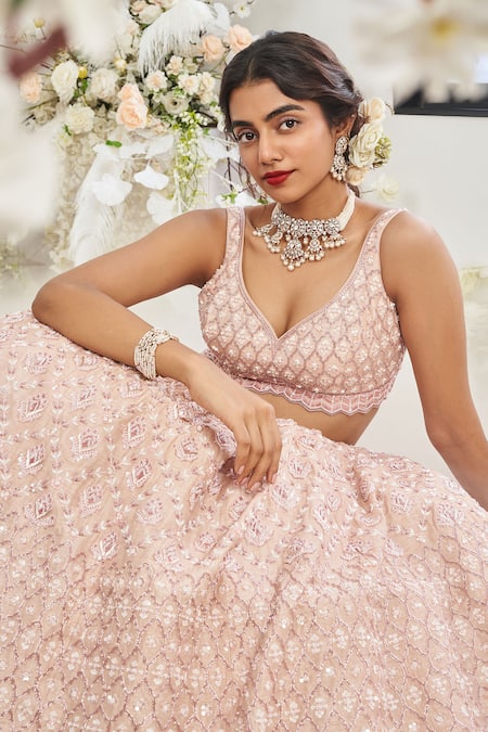 Disha Muchhala_Pink Silk, Satin, Organza Sequins, Beads, Cut Embroidered Bridal Lehenga Set _Online_at_Aza_Fashions