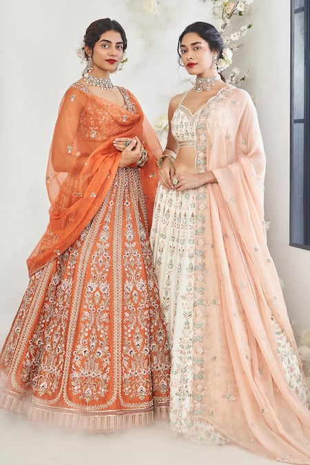 Disha Muchhala_Orange Silk, Organza, Linen Cut Work, Sequins, Pushpkali Lehenga Set _Online_at_Aza_Fashions