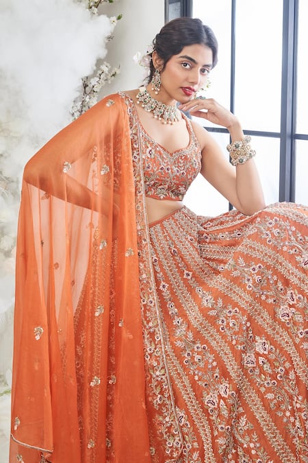 Buy_Disha Muchhala_Orange Silk, Organza, Linen Cut Work, Sequins, Pushpkali Lehenga Set _Online_at_Aza_Fashions