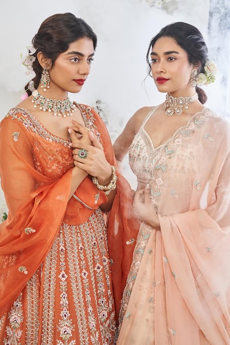 Shop_Disha Muchhala_Orange Silk, Organza, Linen Cut Work, Sequins, Pushpkali Lehenga Set _Online_at_Aza_Fashions