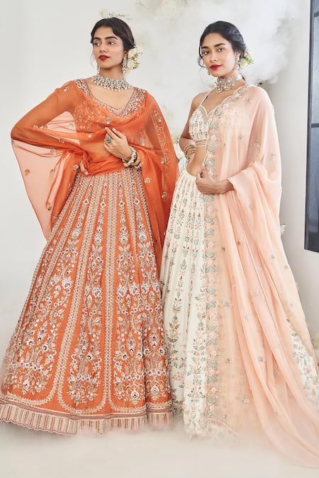 Disha Muchhala_Orange Silk, Organza, Linen Cut Work, Sequins, Pushpkali Lehenga Set _at_Aza_Fashions