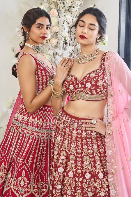 Shop_Disha Muchhala_Red Silk, Organza, Linen Sequins, Cut Jhumar Zardozi Embroidered Lehenga Set _Online_at_Aza_Fashions
