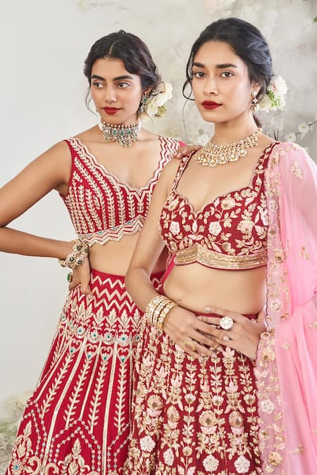 Disha Muchhala_Red Silk, Organza, Linen Sequins, Cut Jhumar Zardozi Embroidered Lehenga Set _at_Aza_Fashions