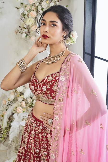 Disha Muchhala_Red Silk, Satin, Organza Embroidery, Sequins, Cut Blossom Bridal Lehenga Set _Online_at_Aza_Fashions