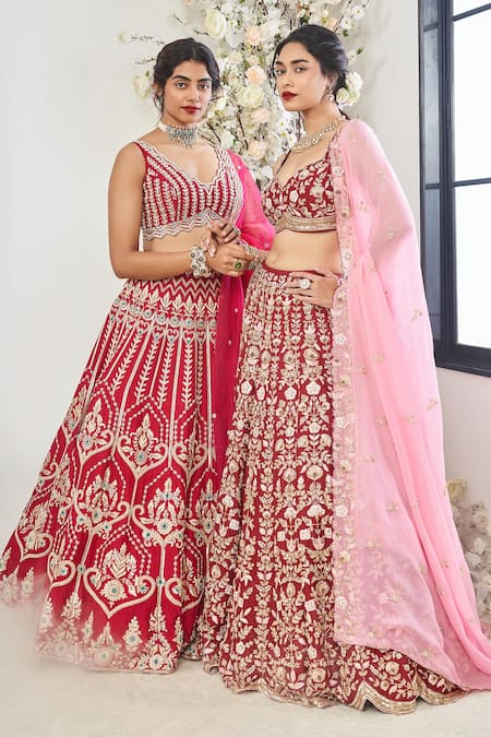 Buy_Disha Muchhala_Red Silk, Satin, Organza Embroidery, Sequins, Cut Blossom Bridal Lehenga Set _Online_at_Aza_Fashions