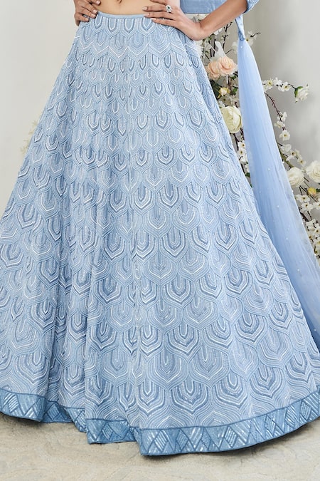 Disha Muchhala_Blue Silk, Lace, Linen, Net Sequins, Beads, Maze Petal Embroidered Lehenga Set _Online_at_Aza_Fashions