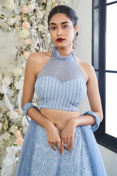 Buy_Disha Muchhala_Blue Silk, Lace, Linen, Net Sequins, Beads, Maze Petal Embroidered Lehenga Set _Online_at_Aza_Fashions