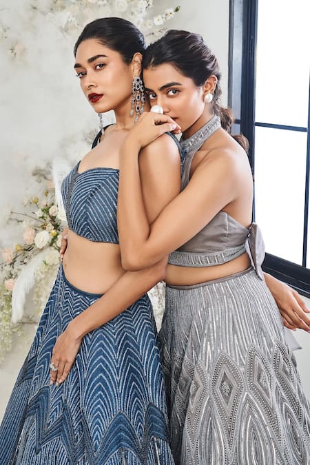 Disha Muchhala_Blue Silk, Organza Cut Work, Sequins, Embroidery Ray Bridal Lehenga Set _Online_at_Aza_Fashions