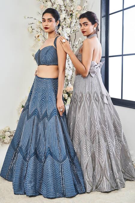 Buy_Disha Muchhala_Blue Silk, Organza Cut Work, Sequins, Embroidery Ray Bridal Lehenga Set _Online_at_Aza_Fashions
