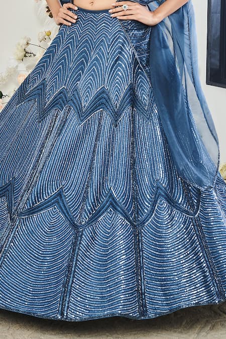 Shop_Disha Muchhala_Blue Silk, Organza Cut Work, Sequins, Embroidery Ray Bridal Lehenga Set _Online_at_Aza_Fashions