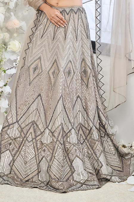 Disha Muchhala_Gray Silk, Organza, Linen Cut Work, Beads, Zari, Embroidery Helix Lehenga Set _Online_at_Aza_Fashions