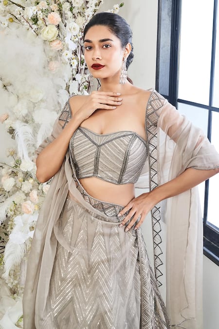 Buy_Disha Muchhala_Gray Silk, Organza, Linen Cut Work, Beads, Zari, Embroidery Helix Lehenga Set _Online_at_Aza_Fashions