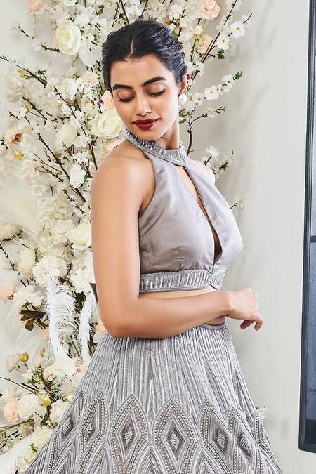 Disha Muchhala_Gray Silk, Organza, Linen Cut Work, Sequins, Lotus Swerve Bridal Lehenga _Online_at_Aza_Fashions