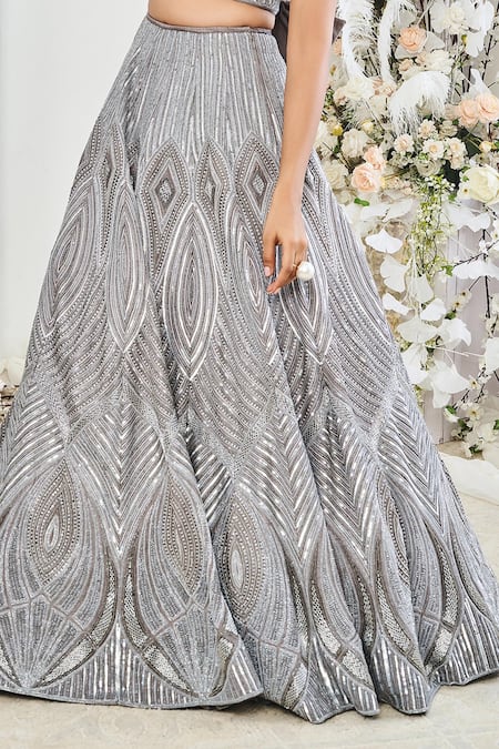 Shop_Disha Muchhala_Gray Silk, Organza, Linen Cut Work, Sequins, Lotus Swerve Bridal Lehenga _Online_at_Aza_Fashions