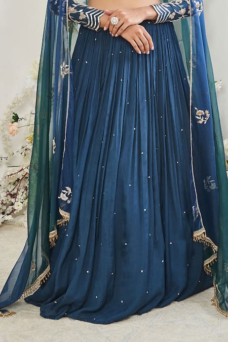 Disha Muchhala_Blue Silk, Organza Sequins, Metallic Thread Teal Embroidered Bridal Lehenga Set _Online_at_Aza_Fashions