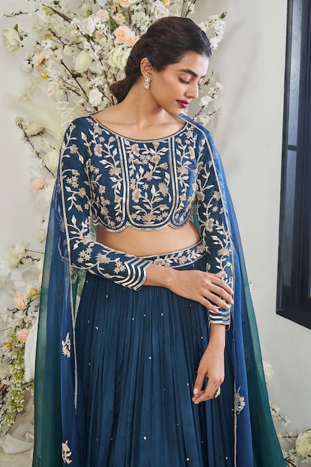 Buy_Disha Muchhala_Blue Silk, Organza Sequins, Metallic Thread Teal Embroidered Bridal Lehenga Set _Online_at_Aza_Fashions