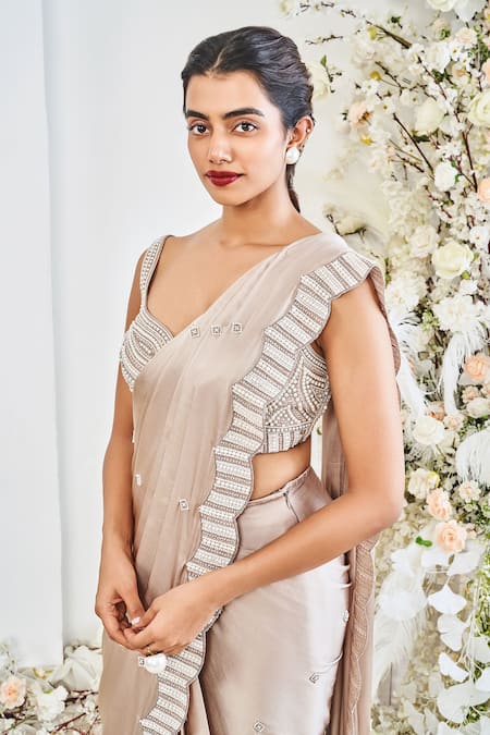 Disha Muchhala_Cream Silk, Satin, Georgette Cut Work, Cutdana And Embroidered Pre-draped Saree _Online_at_Aza_Fashions