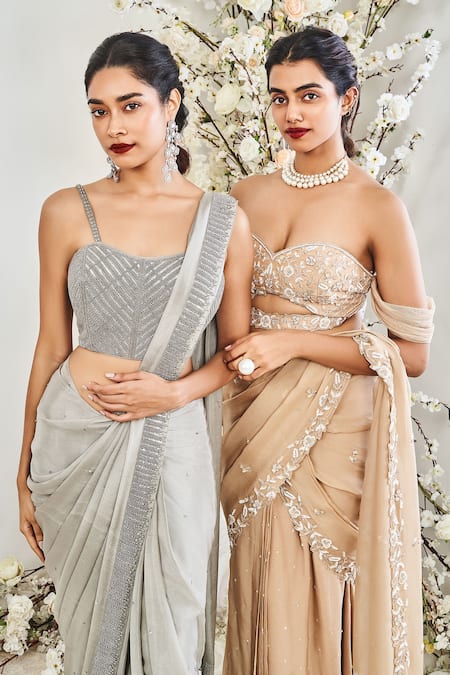 Buy_Disha Muchhala_Gray Silk, Chiffon, Linen Cut Cutdana Embroidered Pre-draped Saree And Blouse _Online_at_Aza_Fashions