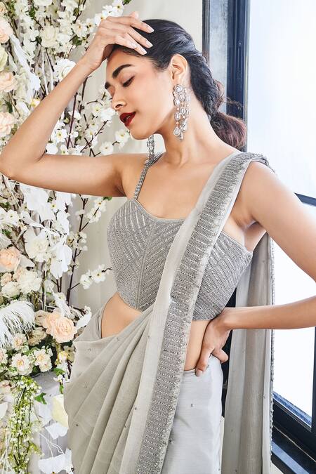 Shop_Disha Muchhala_Gray Silk, Chiffon, Linen Cut Cutdana Embroidered Pre-draped Saree And Blouse _Online_at_Aza_Fashions