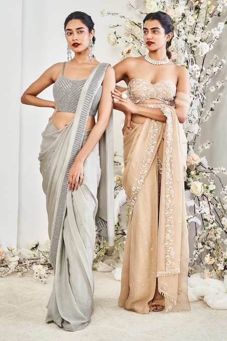 Disha Muchhala Beige Silk, Linen, Net, Chiffon Cut Work, Ditsy Bloom Pre-draped Saree Set Online at Aza Fashions Disha Muchhala_Beige Silk, Linen, Net, Chiffon Cut Work, Ditsy Bloom Pre-draped Saree Set _Online_at_Aza_Fashions