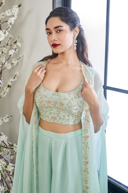 Disha Muchhala Blue Silk, Satin, Organza Cut Work, Pearls, Florin Embroidered Cape And Pant Set Online at Aza Fashions Disha Muchhala_Blue Silk, Satin, Organza Cut Work, Pearls, Florin Embroidered Cape And Pant Set _Online_at_Aza_Fashions