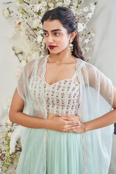 Disha Muchhala_Blue Silk, Organza, Georgette Pearls, Scallop Embroidered Cape And Skirt Set _Online_at_Aza_Fashions