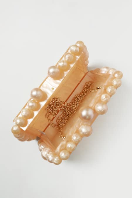 Be Chic_Gold Pearls Champagne Marble Pattern Clutch_at_Aza_Fashions