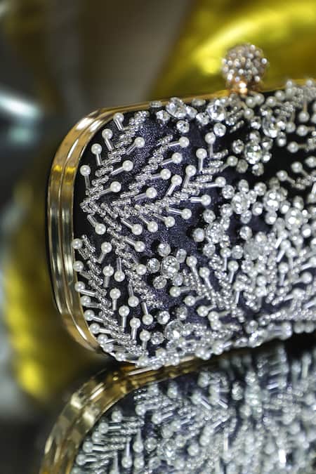 Be Chic_Black Pearls Embellished Satin Clutch_Online_at_Aza_Fashions