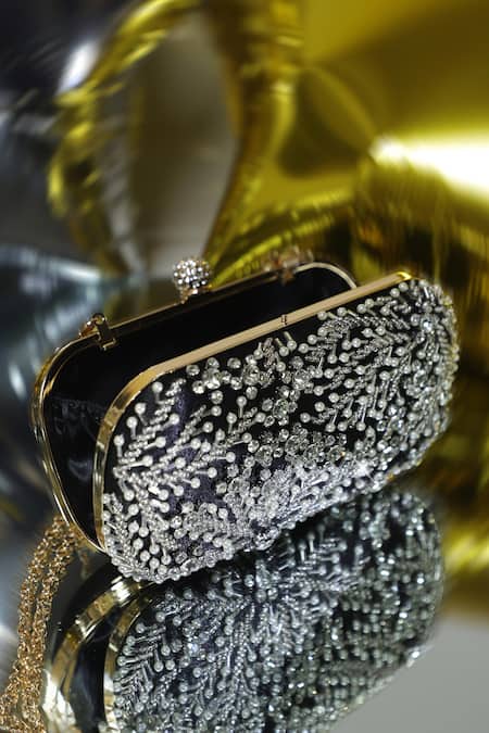 Buy_Be Chic_Black Pearls Embellished Satin Clutch_Online_at_Aza_Fashions