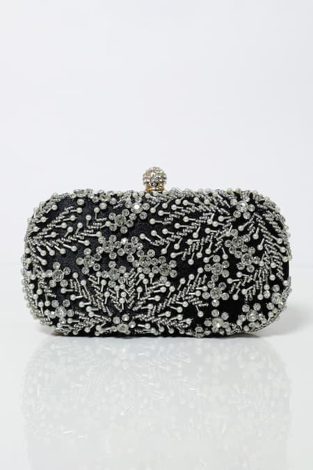 Shop_Be Chic_Black Pearls Embellished Satin Clutch_Online_at_Aza_Fashions