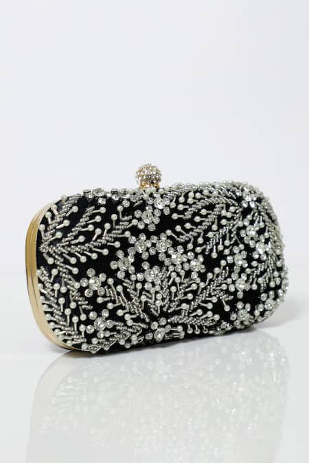 Be Chic_Black Pearls Embellished Satin Clutch_at_Aza_Fashions