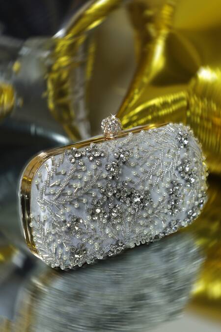Be Chic_Silver Pearls, Crystals Embellished Clutch Bag_Online_at_Aza_Fashions