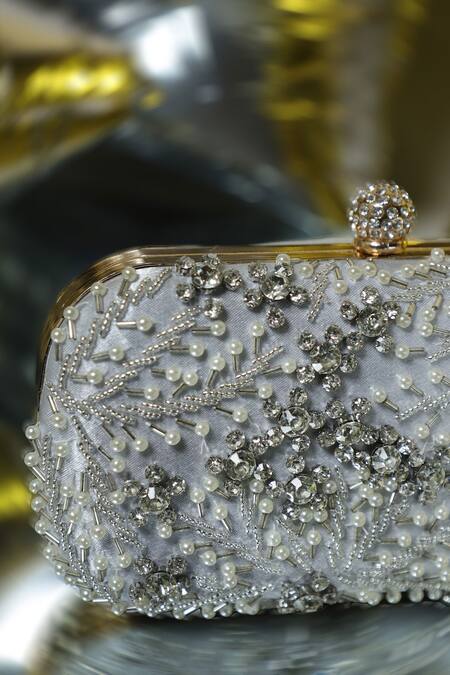 Shop_Be Chic_Silver Pearls, Crystals Embellished Clutch Bag_Online_at_Aza_Fashions