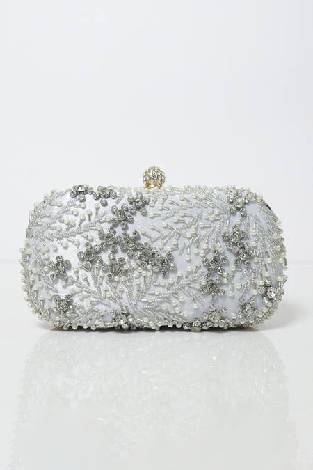 Be Chic_Silver Pearls, Crystals Embellished Clutch Bag_at_Aza_Fashions