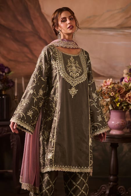 Shop Lashkaraa Gray Velvet, Net Sequins, Zari, Embroidery Round Neck Persian Bloom Set Online at Aza Fashions Shop_Lashkaraa_Gray Velvet, Net Sequins, Zari, Embroidery Round Neck Persian Bloom Set_Online_at_Aza_Fashions