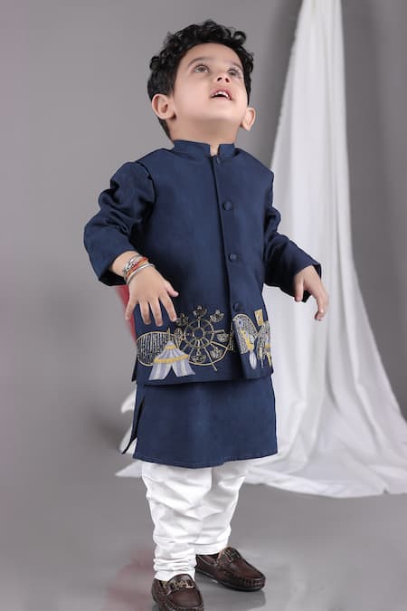 Little Brats Blue Cotton, Silk Cut Work Carnival Embroidered Bundi Set Online at Aza Fashions Little Brats_Blue Cotton, Silk Cut Work Carnival Embroidered Bundi Set _Online_at_Aza_Fashions