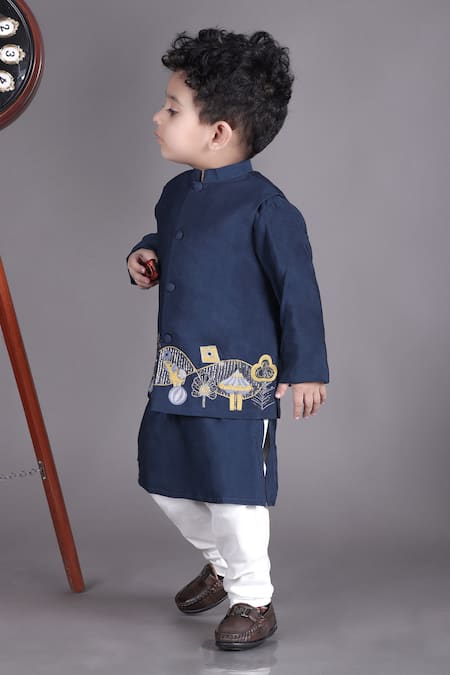 Shop Little Brats Blue Cotton, Silk Cut Work Carnival Embroidered Bundi Set Online at Aza Fashions Shop_Little Brats_Blue Cotton, Silk Cut Work Carnival Embroidered Bundi Set _Online_at_Aza_Fashions
