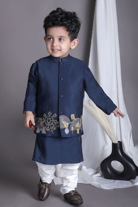 Buy Little Brats Blue Cotton, Silk Cut Work Carnival Embroidered Bundi Set Buy_Little Brats_Blue Cotton, Silk Cut Work Carnival Embroidered Bundi Set