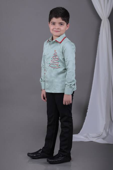 Buy Little Brats Green Cotton Embroidery Mint Christmas Tree Shirt Online at Aza Fashions Buy_Little Brats_Green Cotton Embroidery Mint Christmas Tree Shirt _Online_at_Aza_Fashions