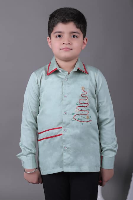 Shop Little Brats Green Cotton Embroidery Mint Christmas Tree Shirt Online at Aza Fashions Shop_Little Brats_Green Cotton Embroidery Mint Christmas Tree Shirt _Online_at_Aza_Fashions