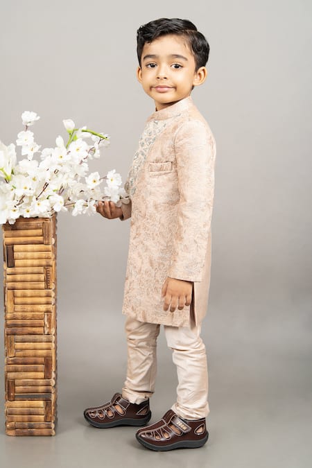 Little Brats_Beige Cotton, Silk Embroidery, Sequins Floral Thread Work Sherwani Set _Online_at_Aza_Fashions