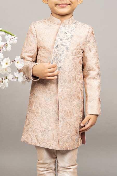 Buy_Little Brats_Beige Cotton, Silk Embroidery, Sequins Floral Thread Work Sherwani Set _Online_at_Aza_Fashions