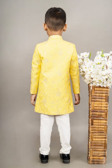 Shop Little Brats Yellow Cotton, Silk Embroidery Floral Thread Sherwani Set at Aza Fashions Shop_Little Brats_Yellow Cotton, Silk Embroidery Floral Thread Sherwani Set _at_Aza_Fashions