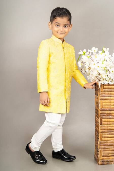 Little Brats Yellow Cotton, Silk Embroidery Floral Thread Sherwani Set Online at Aza Fashions Little Brats_Yellow Cotton, Silk Embroidery Floral Thread Sherwani Set _Online_at_Aza_Fashions