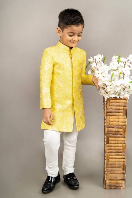 Buy Little Brats Yellow Cotton, Silk Embroidery Floral Thread Sherwani Set Online at Aza Fashions Buy_Little Brats_Yellow Cotton, Silk Embroidery Floral Thread Sherwani Set _Online_at_Aza_Fashions